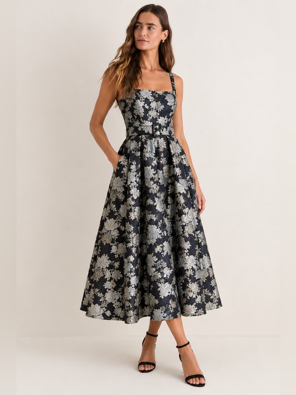 NWT Antonio Melani Morgan Sleeveless Square Neck Jacquard A-Line Midi Dress Sz 0